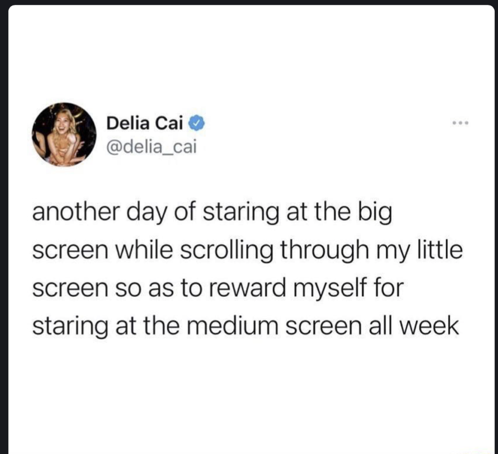 Tweet by Delia Cai (@delia_cai): "another day of staring at the big screen while scrolling through my little screen so as to reward myself for staring at the medium screen all week"