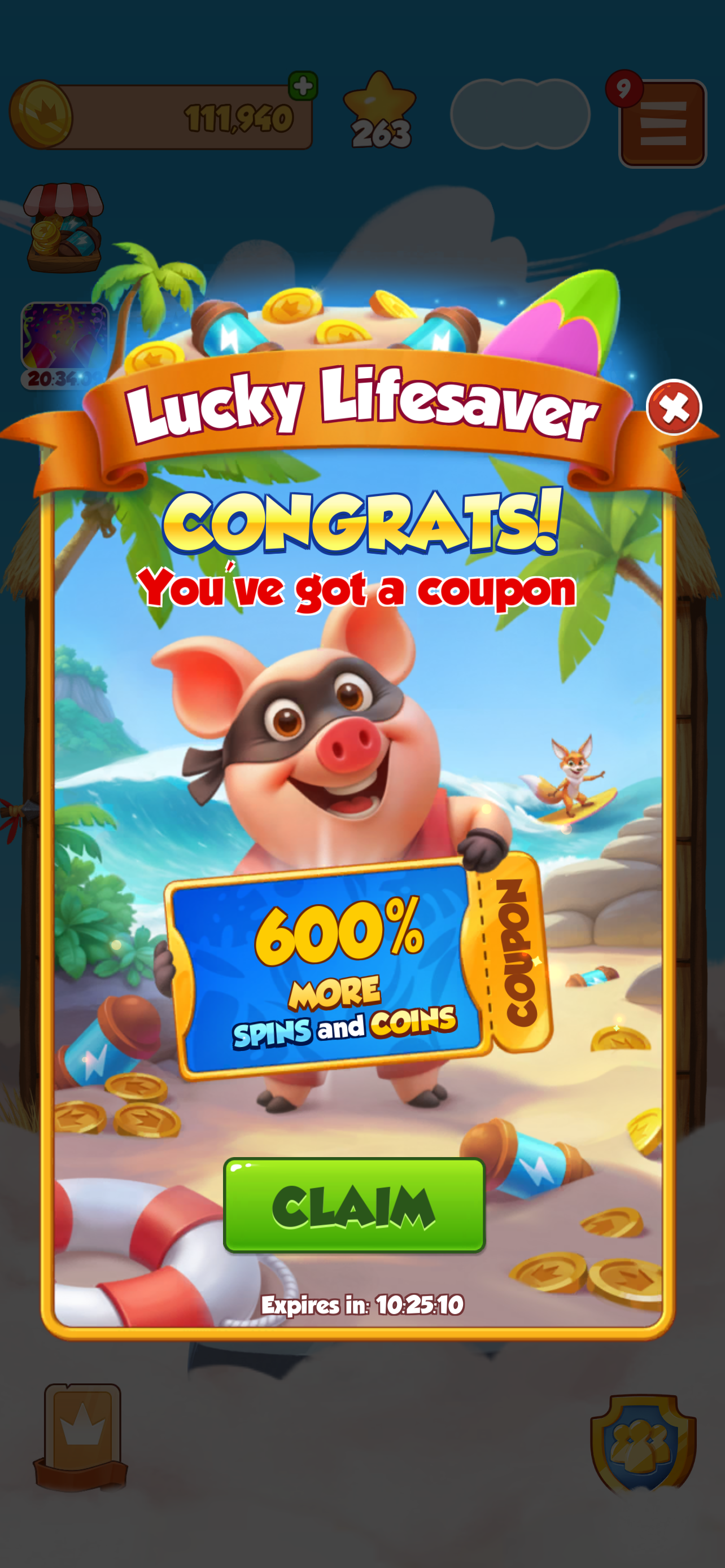 A Coin Master expiring-coupon offer.