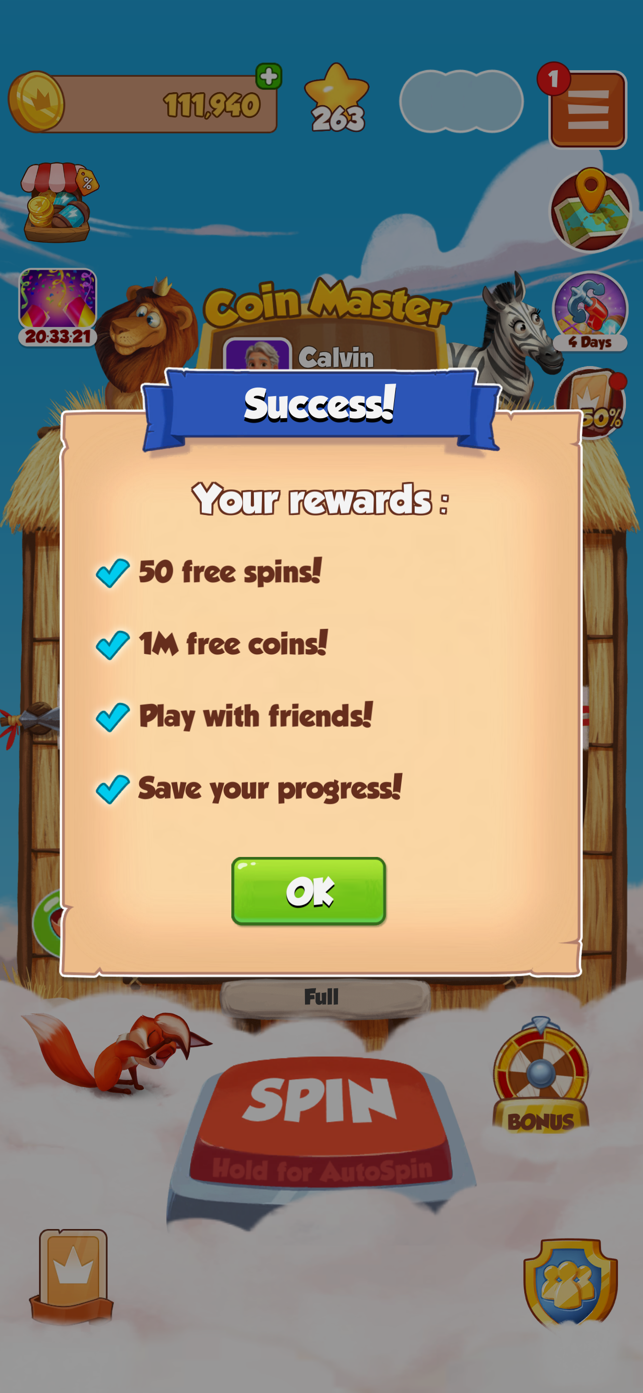 A Coin Master rewards screen.