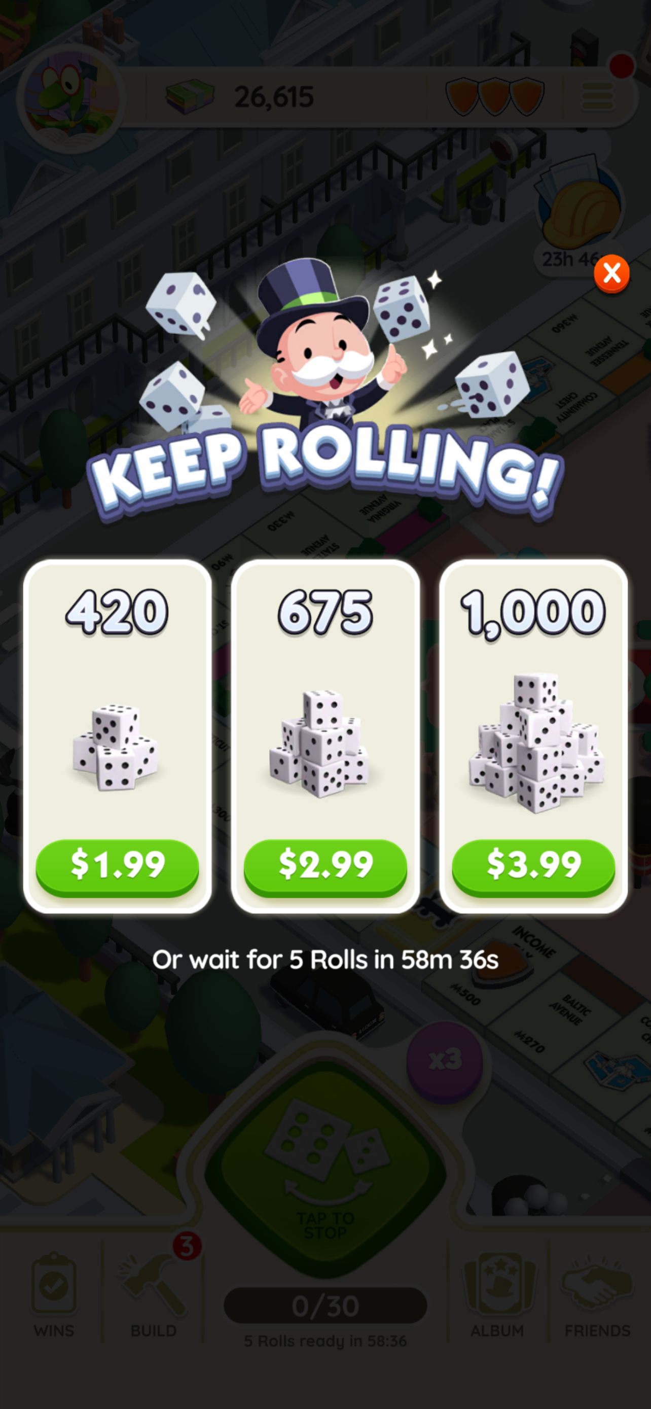 Monopoly Go! prompting a dice purchase to keep playing.