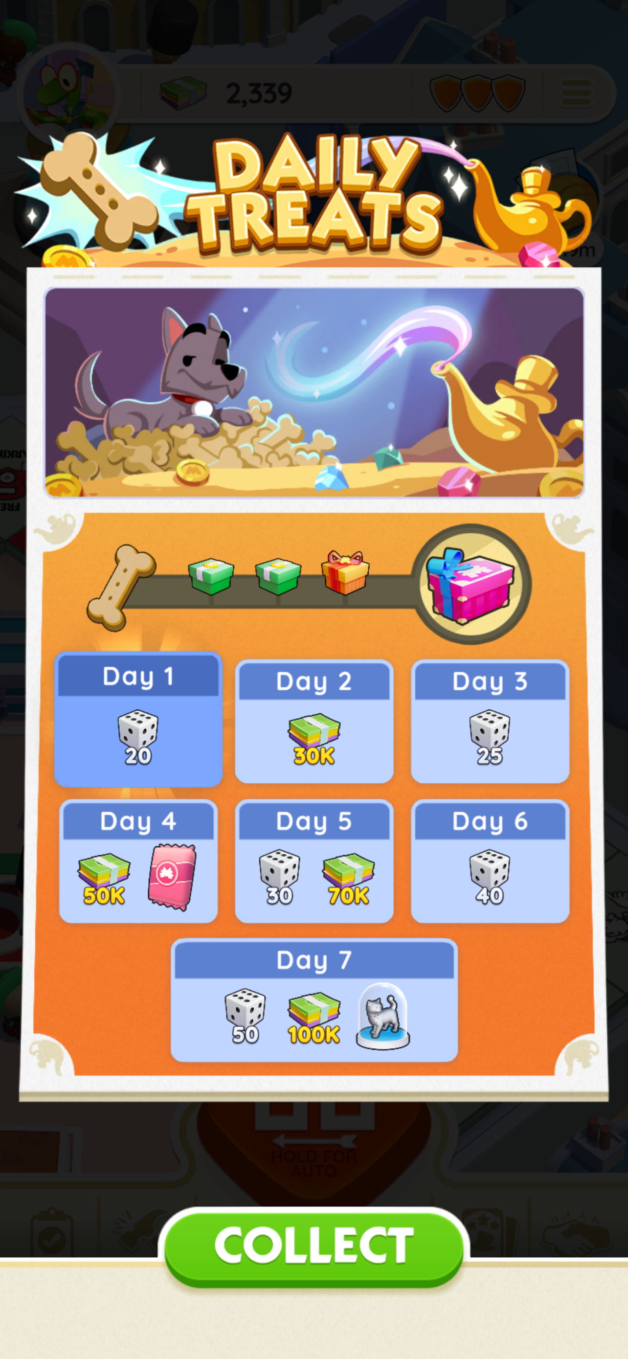 A Monopoly Go! daily login-reward calendar.