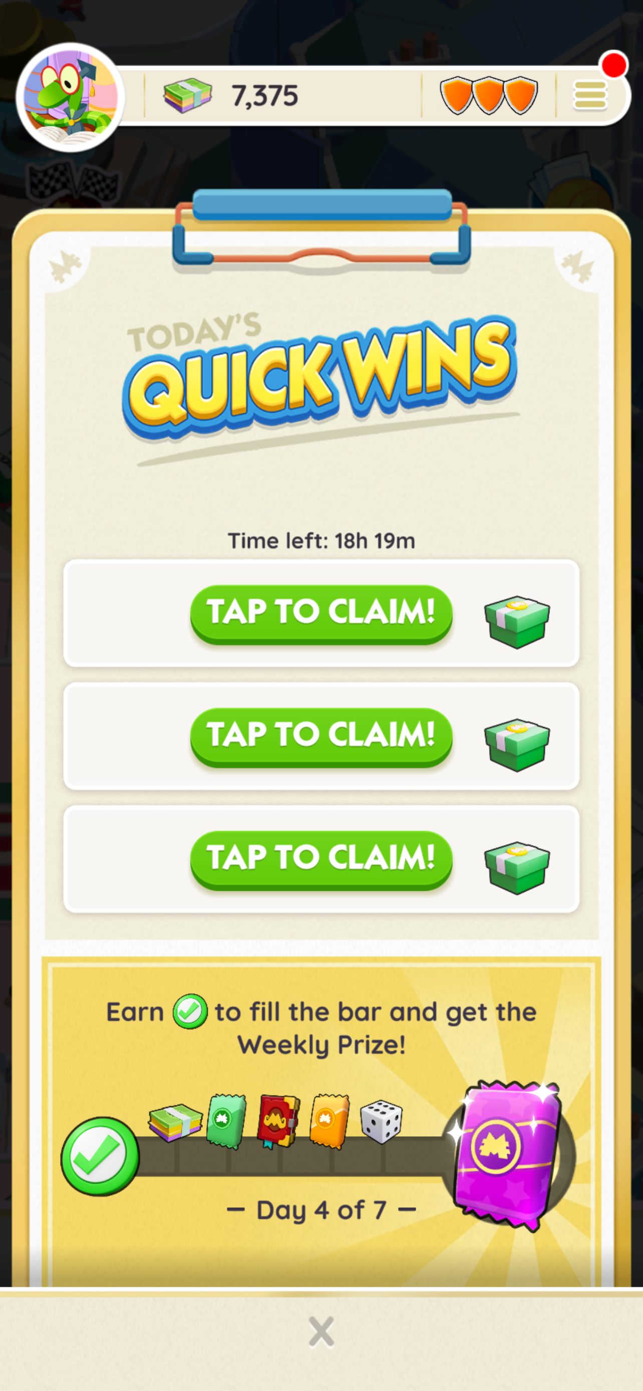A Monopoly Go! daily-reward claim screen.