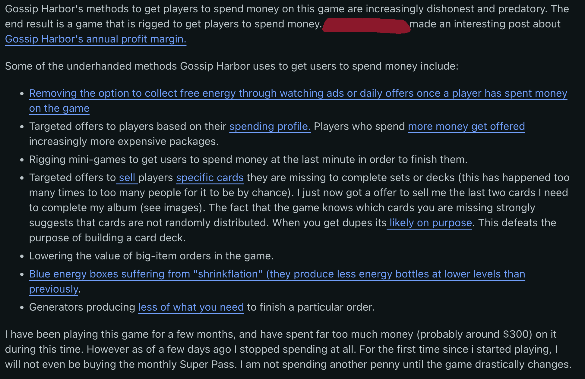 A Reddit post alleging Gossip Harbor gets more demanding after a purchase.