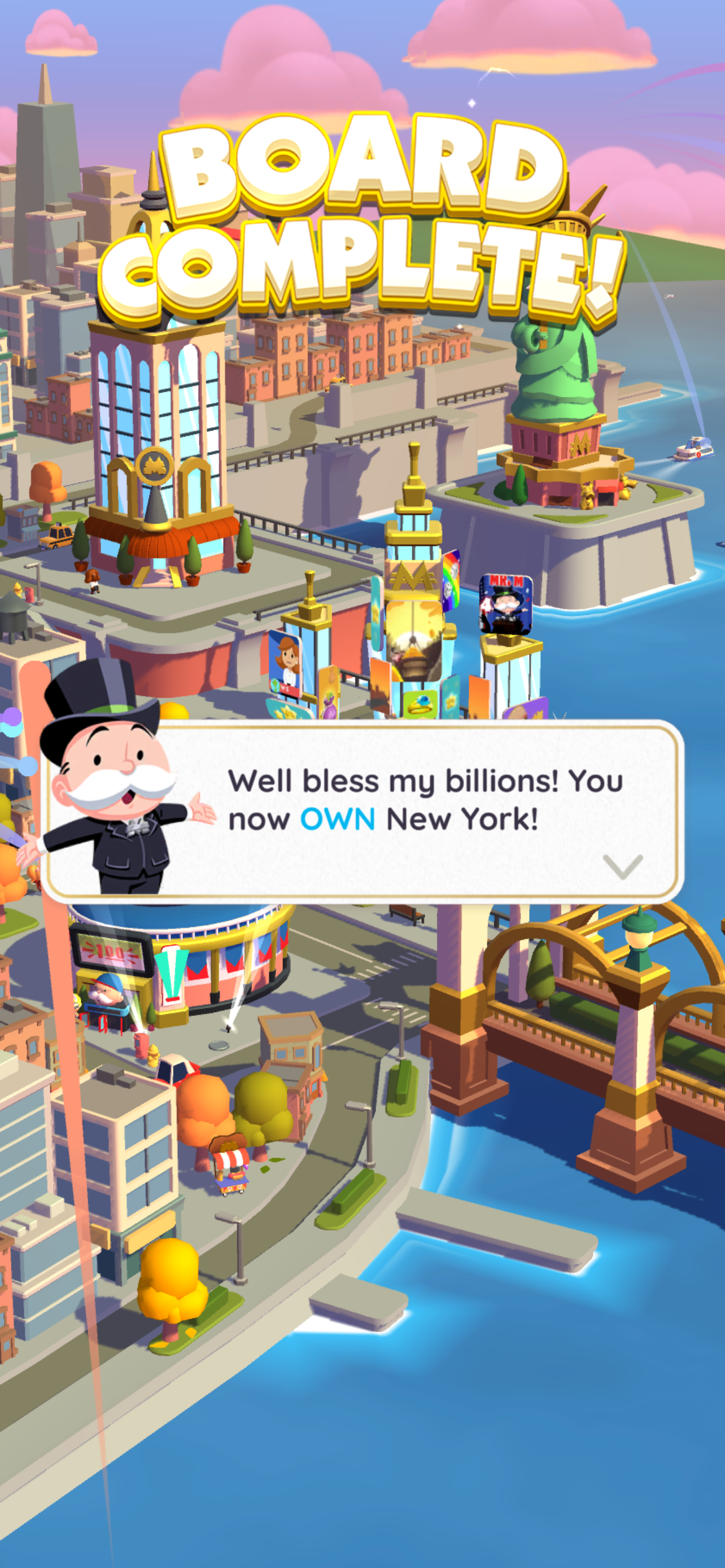 Mr. Monopoly celebrating a completed board.