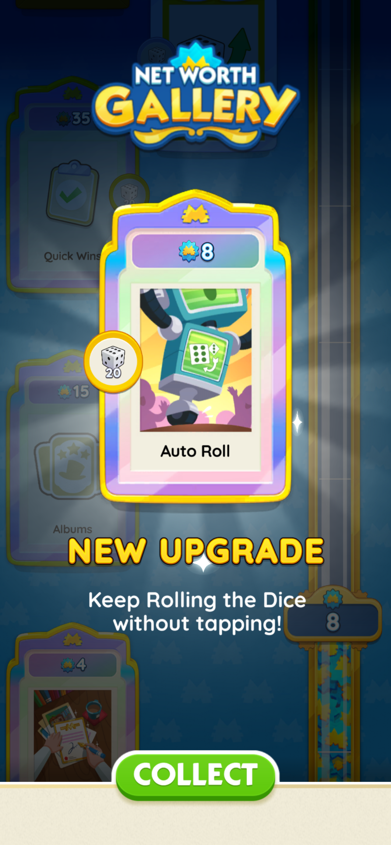 A Monopoly Go! Net Worth upgrade framed as making the player more efficient.