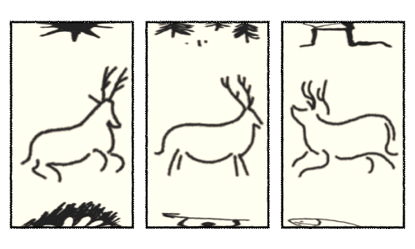 An animated triptych drawn like three spinning slot-machine reels, each landing on a cave-painting-style line drawing of an antlered deer — primal hunting rendered as a slot machine.